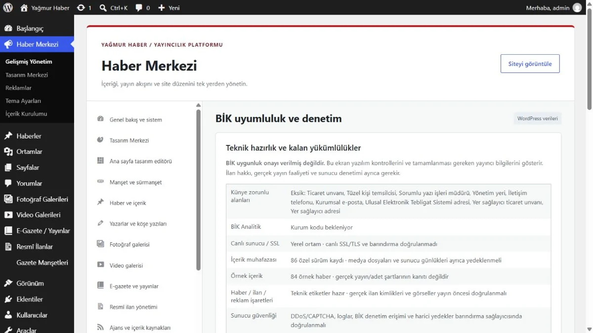 Künye, okur ve teknik kontroller için gerçek Yağmur Haber ekranı