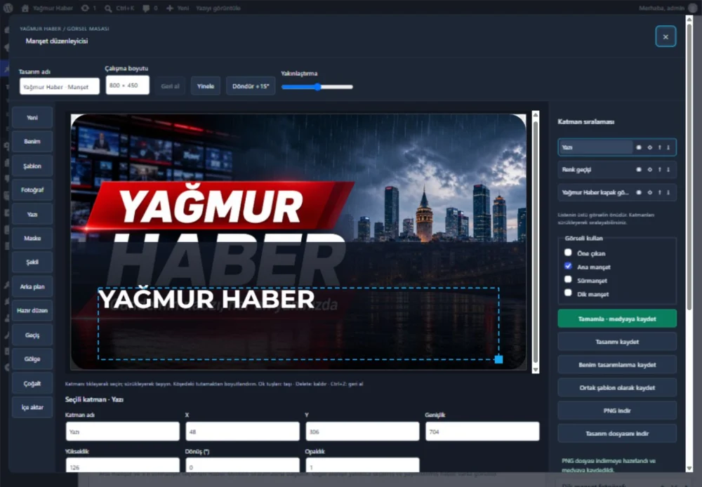 Yağmur Haber manşet düzenleyicisinde fotoğraf, yazı ve katman düzenleme ekranı